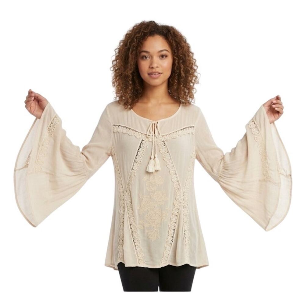Hint Of Mint Women Embroidered Blouse Top XL Rayon Cream